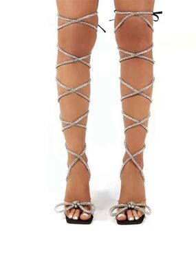 YNS Generic Silver Gladiator Lace-Up Rhinestone Knee-High Sandals